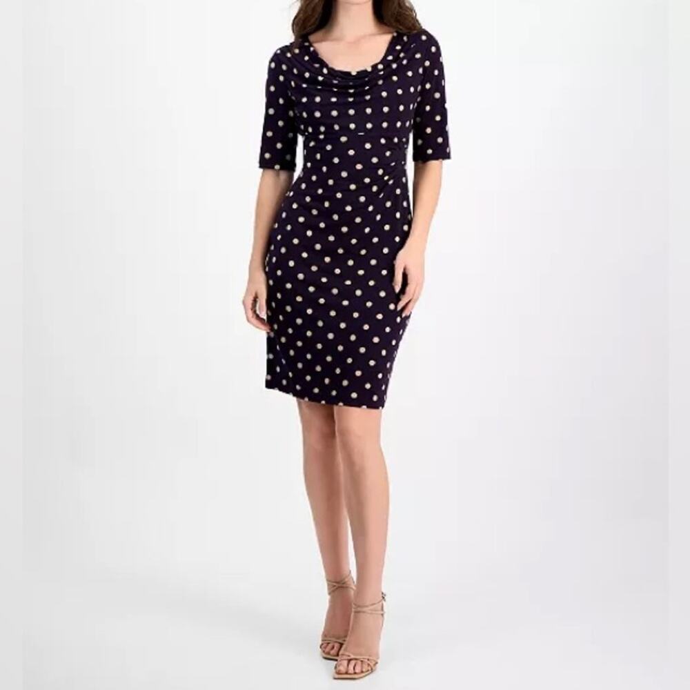 Connected Apparel Women's Cowlneck Polka-Dot Sheath Dress Eggplant/Camel Sz 14